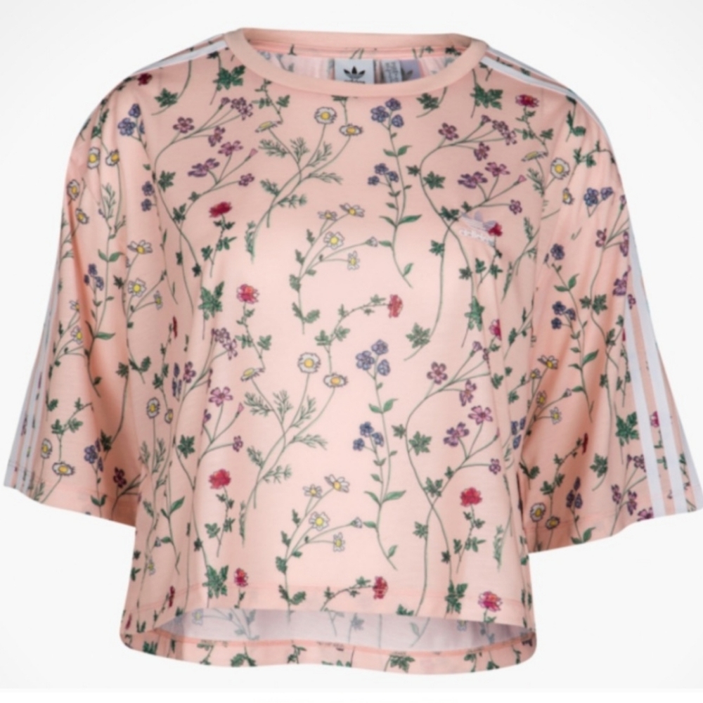 ADIDAS wildflower crop top XS peach multicolor floral short sleeve boxy t-shirt - Picture 14 of 15